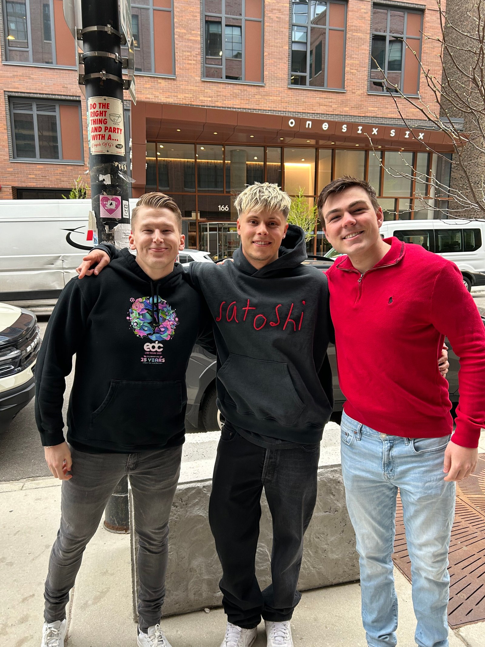 Jake and a friend with Riordan at the SVRN pop-up, April 2024